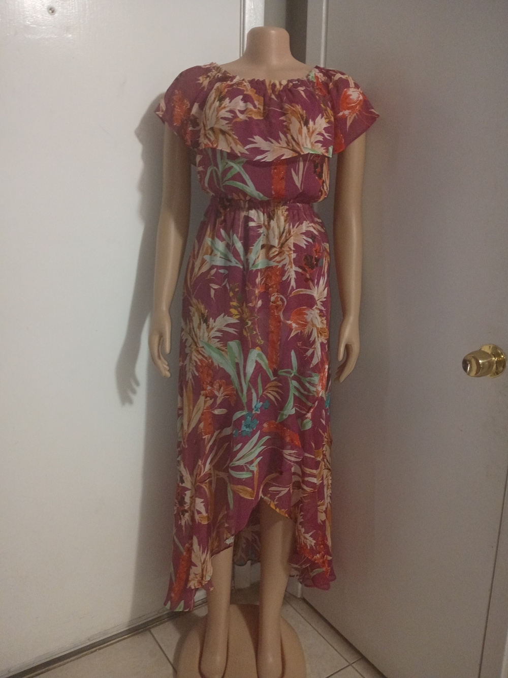 Express Burgundy High-Low Floral Ruffle Dress